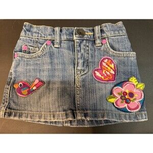 Childrens Place Denim Skirt Girls 12 Mos Blue Bird Heart Flower Patch Distressed